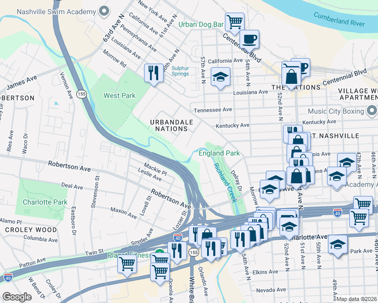 map of restaurants, bars, coffee shops, grocery stores, and more near 733 Hite Street in Nashville