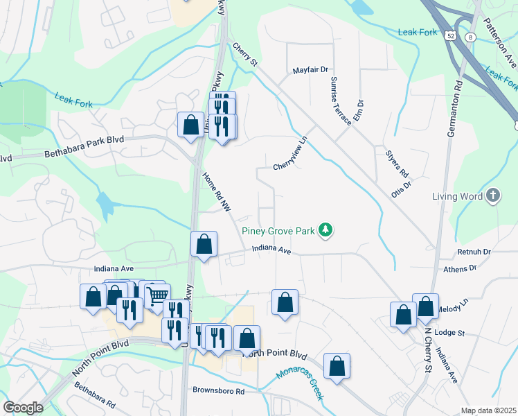 map of restaurants, bars, coffee shops, grocery stores, and more near Deland Street in Winston-Salem