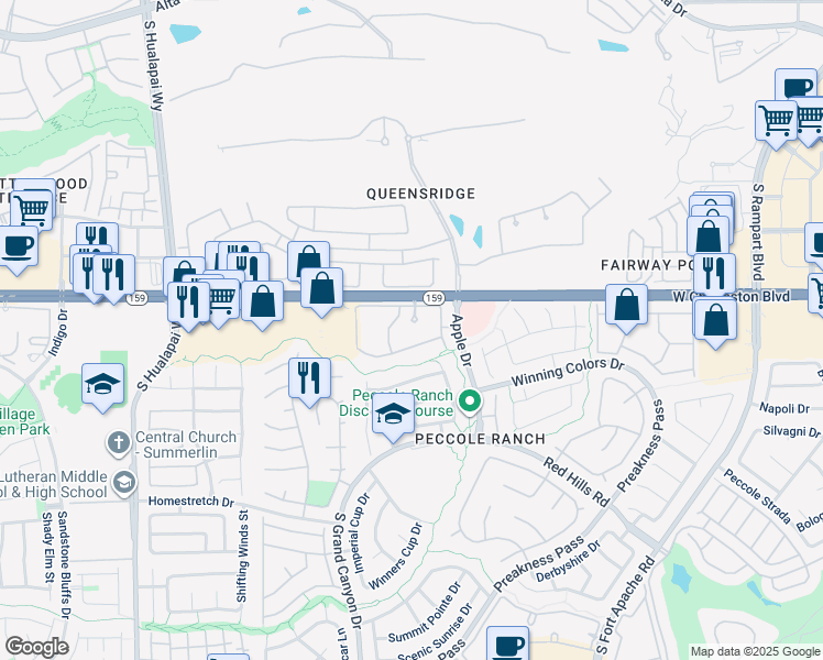 map of restaurants, bars, coffee shops, grocery stores, and more near 9599 West Charleston Boulevard in Las Vegas