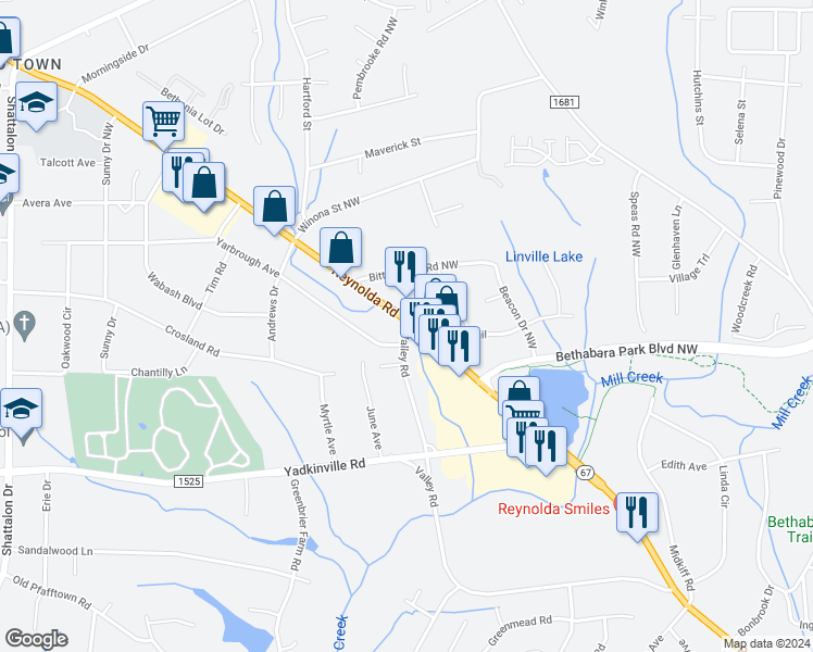 map of restaurants, bars, coffee shops, grocery stores, and more near 3465 Valley Road in Winston-Salem