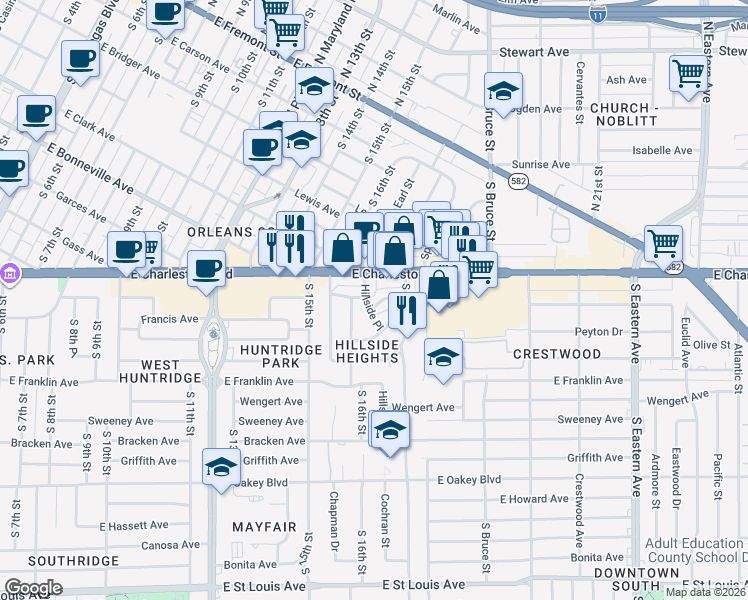 map of restaurants, bars, coffee shops, grocery stores, and more near 1617 Thelma Lane in Las Vegas