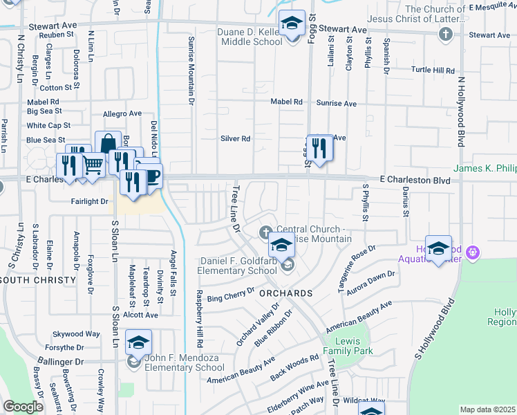 map of restaurants, bars, coffee shops, grocery stores, and more near 1220 Tree Line Drive in Las Vegas