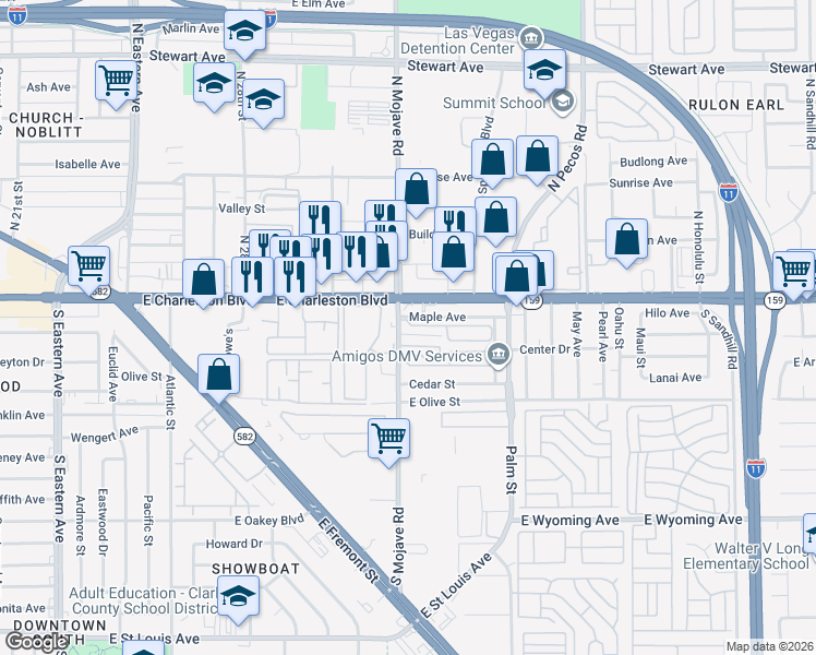 map of restaurants, bars, coffee shops, grocery stores, and more near 173 Meadows in Las Vegas