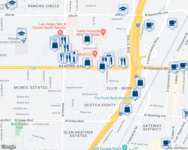 map of restaurants, bars, coffee shops, grocery stores, and more near 1133 Westwood Drive in Las Vegas