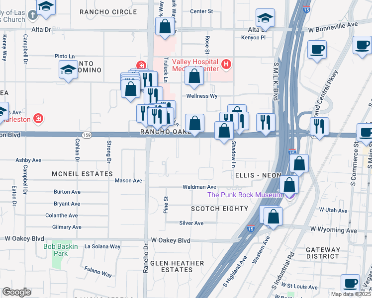 map of restaurants, bars, coffee shops, grocery stores, and more near 2047 West Charleston Boulevard in Las Vegas