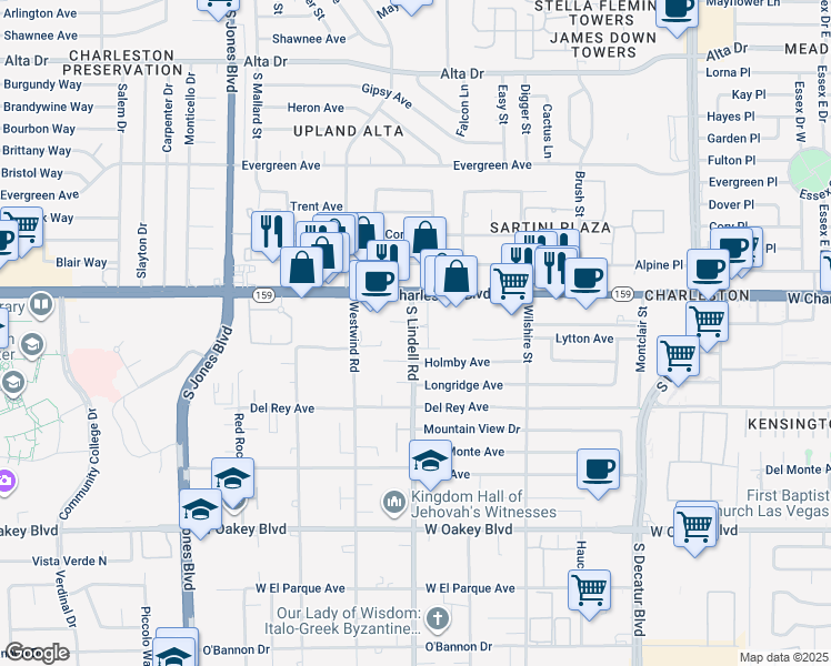 map of restaurants, bars, coffee shops, grocery stores, and more near 5436 Holmby Avenue in Las Vegas