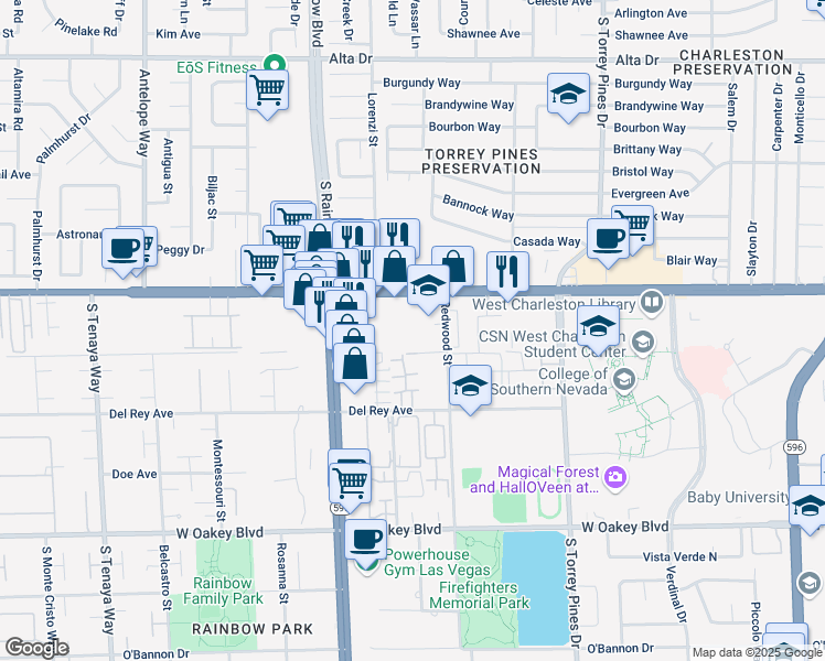 map of restaurants, bars, coffee shops, grocery stores, and more near 6729 West Charleston Boulevard in Las Vegas