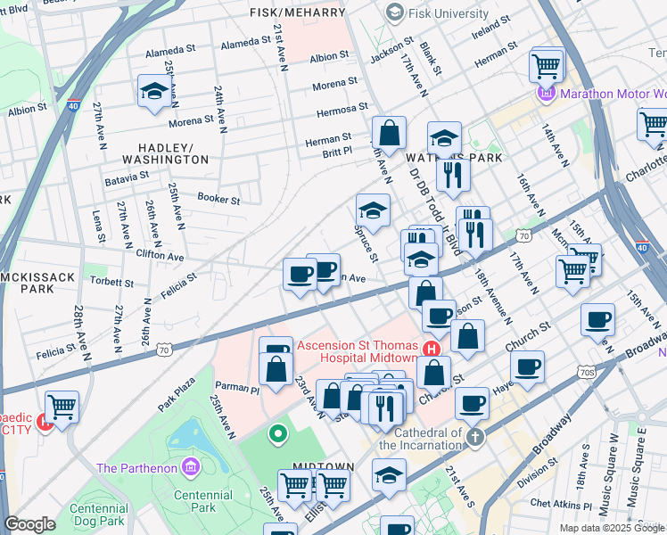 map of restaurants, bars, coffee shops, grocery stores, and more near 2105 Clifton Avenue in Nashville
