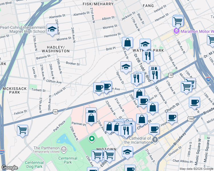 map of restaurants, bars, coffee shops, grocery stores, and more near 2105 Clifton Avenue in Nashville