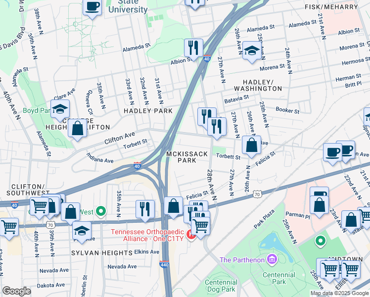 map of restaurants, bars, coffee shops, grocery stores, and more near in Nashville