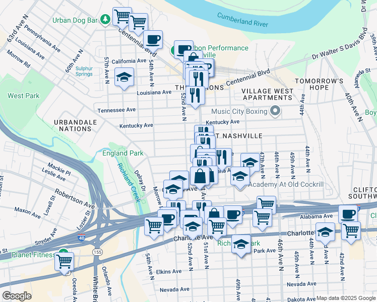 map of restaurants, bars, coffee shops, grocery stores, and more near 5111 Illinois Avenue in Nashville