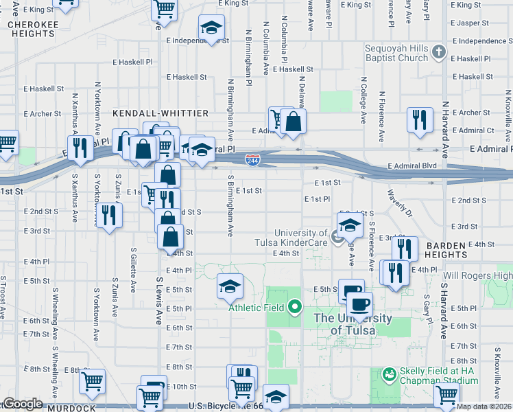 map of restaurants, bars, coffee shops, grocery stores, and more near 2638 East 2nd Street in Tulsa