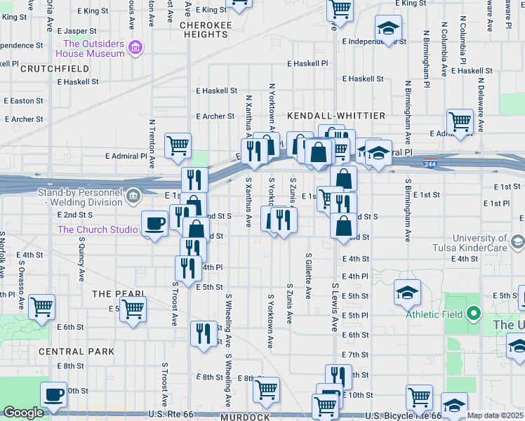 map of restaurants, bars, coffee shops, grocery stores, and more near 2022 East 2nd Street in Tulsa