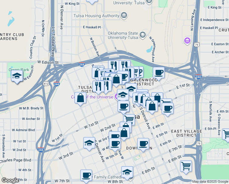 map of restaurants, bars, coffee shops, grocery stores, and more near 18 East Archer Street in Tulsa