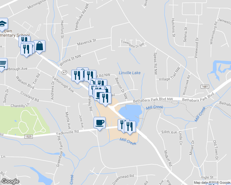map of restaurants, bars, coffee shops, grocery stores, and more near 2909 Pioneer Trail in Winston-Salem