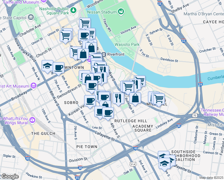 map of restaurants, bars, coffee shops, grocery stores, and more near 2nd Ave S & Korean Veterans Blvd in Nashville