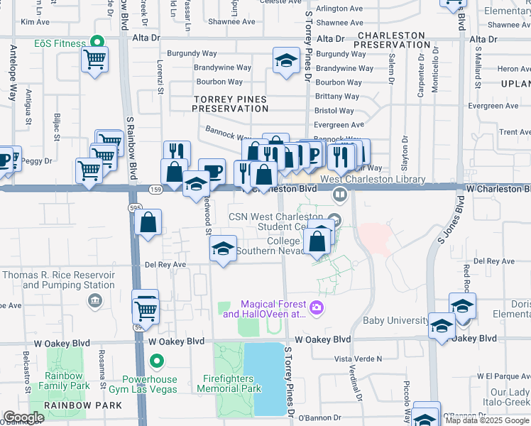 map of restaurants, bars, coffee shops, grocery stores, and more near 1151 South Torrey Pines Drive in Las Vegas