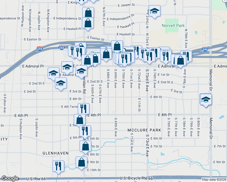 map of restaurants, bars, coffee shops, grocery stores, and more near 232 South 69th East Avenue in Tulsa