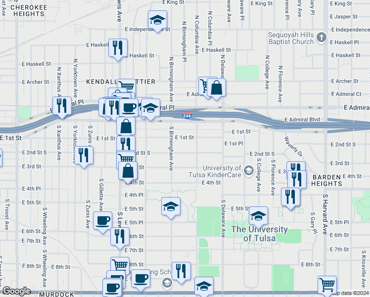 map of restaurants, bars, coffee shops, grocery stores, and more near 2627 East 2nd Street in Tulsa