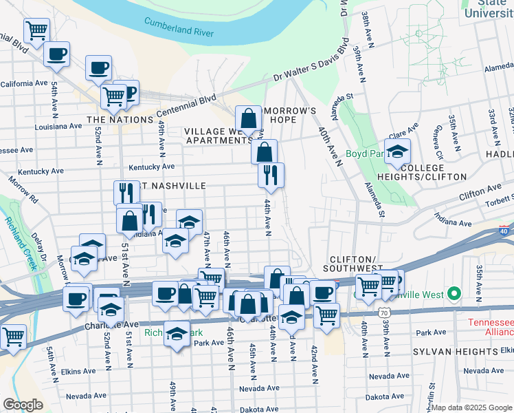 map of restaurants, bars, coffee shops, grocery stores, and more near 806 45th Avenue North in Nashville