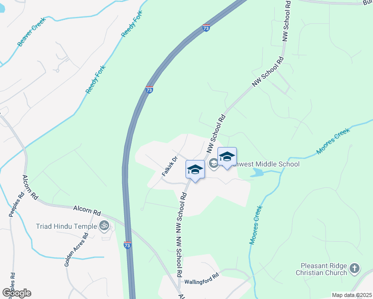 map of restaurants, bars, coffee shops, grocery stores, and more near 5708 Falkirk Drive in Greensboro