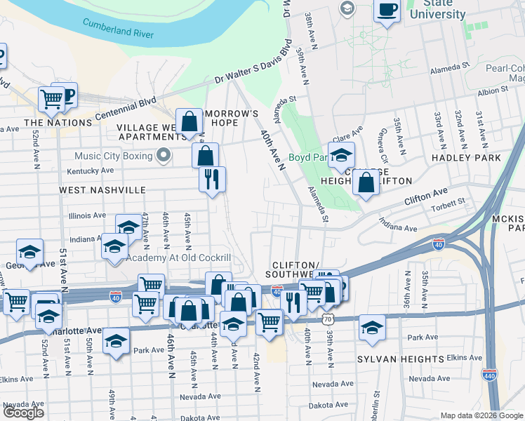 map of restaurants, bars, coffee shops, grocery stores, and more near 701 41st Avenue North in Nashville