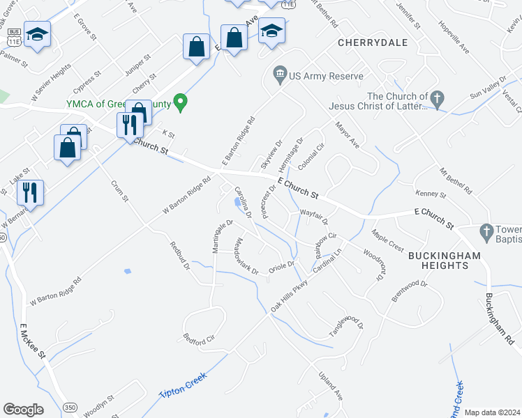 map of restaurants, bars, coffee shops, grocery stores, and more near 208 Pinecrest Drive in Greeneville