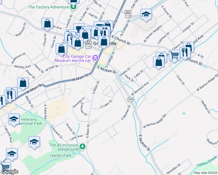map of restaurants, bars, coffee shops, grocery stores, and more near 207 Farmington Drive in Greeneville