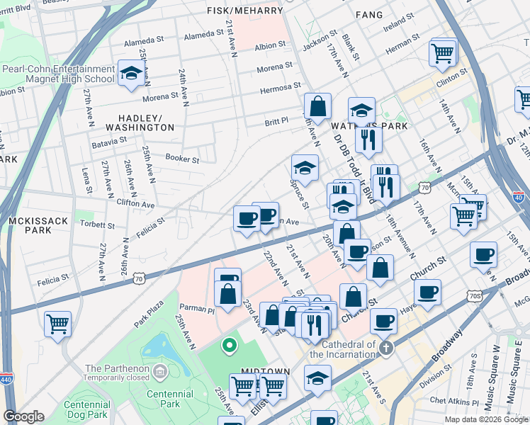 map of restaurants, bars, coffee shops, grocery stores, and more near 2102 Clifton Avenue in Nashville