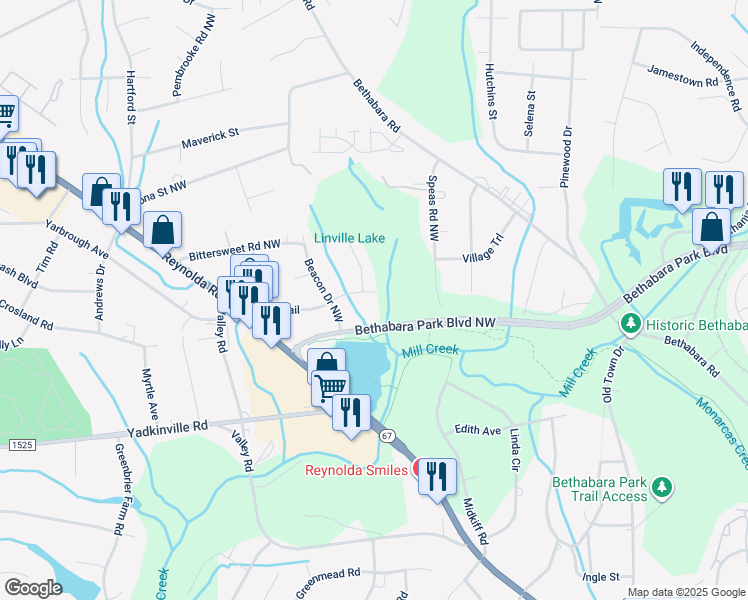 map of restaurants, bars, coffee shops, grocery stores, and more near 2790 Pioneer Trail in Winston-Salem