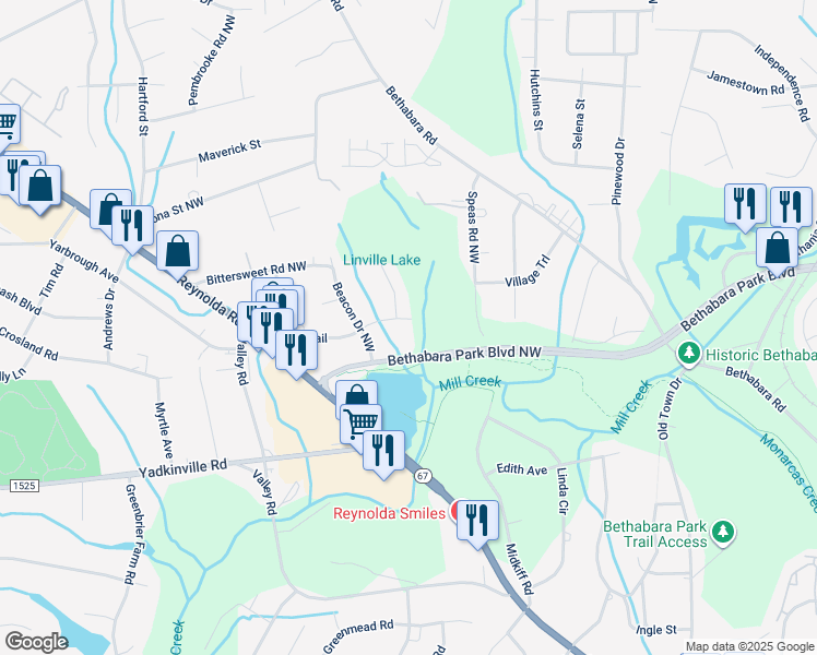 map of restaurants, bars, coffee shops, grocery stores, and more near 2790 Pioneer Trail in Winston-Salem