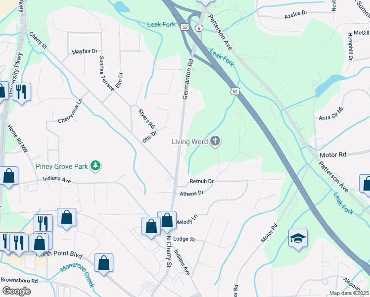 map of restaurants, bars, coffee shops, grocery stores, and more near 4805 Germanton Road in Winston-Salem