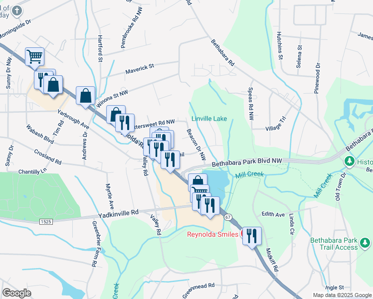 map of restaurants, bars, coffee shops, grocery stores, and more near 2909 Pioneer Trail in Winston-Salem