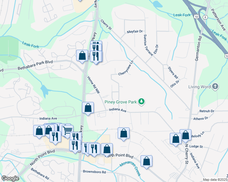 map of restaurants, bars, coffee shops, grocery stores, and more near Deland Street in Winston-Salem