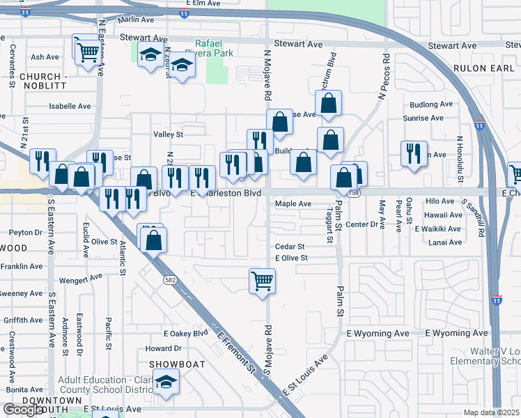 map of restaurants, bars, coffee shops, grocery stores, and more near 118 South Mojave Road in Las Vegas