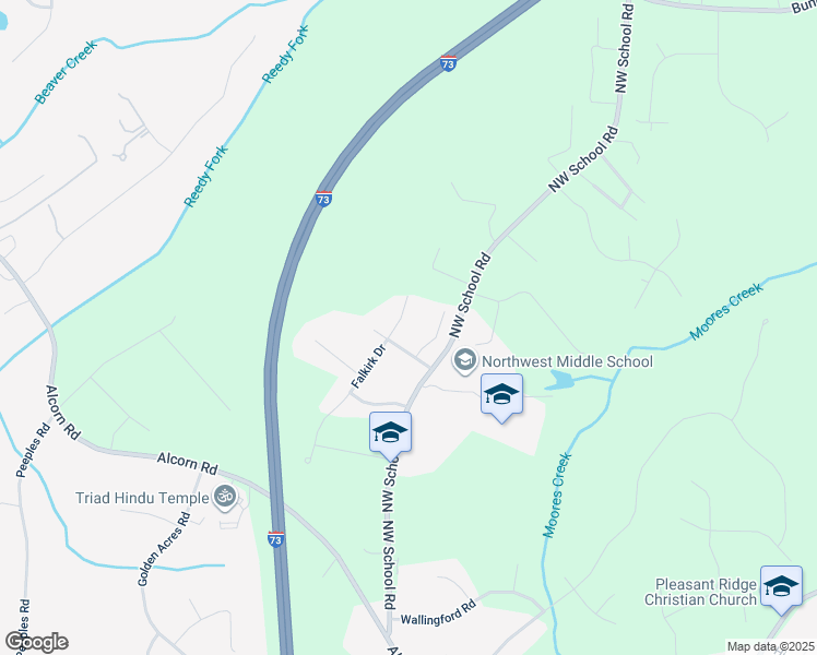 map of restaurants, bars, coffee shops, grocery stores, and more near 5708 Falkirk Drive in Greensboro