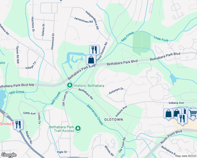 map of restaurants, bars, coffee shops, grocery stores, and more near 4987 Brian Center Lane in Winston-Salem