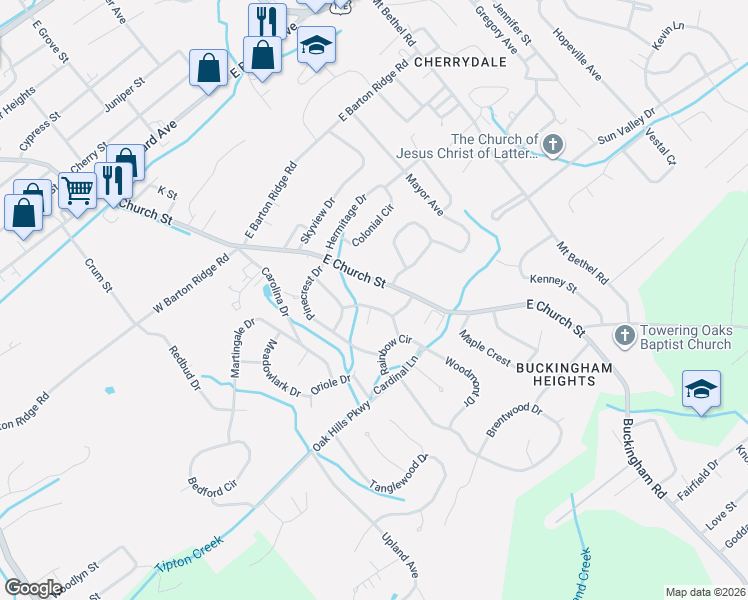 map of restaurants, bars, coffee shops, grocery stores, and more near 106 Wayfair Drive in Greeneville