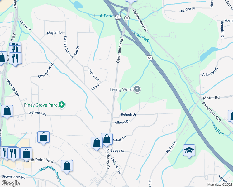 map of restaurants, bars, coffee shops, grocery stores, and more near 4805 Germanton Road in Winston-Salem