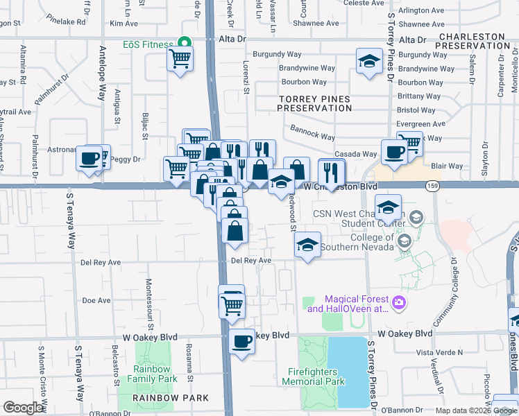 map of restaurants, bars, coffee shops, grocery stores, and more near 6743 West Charleston Boulevard in Las Vegas