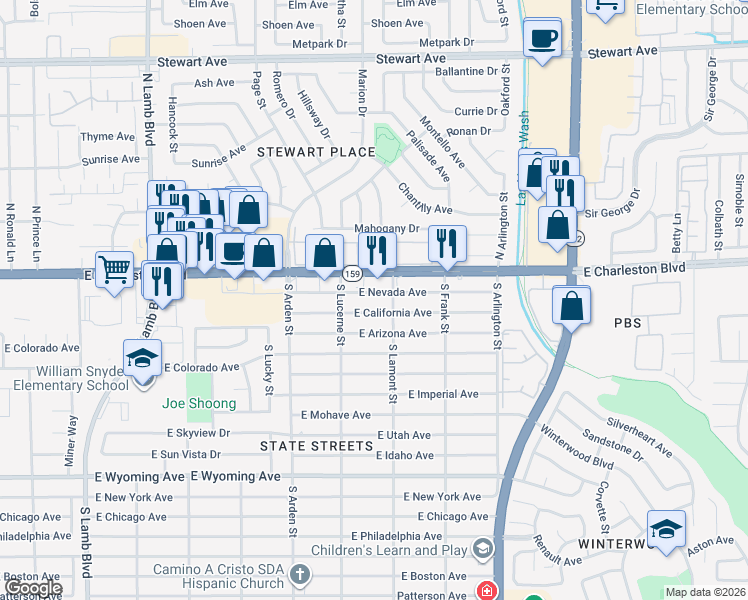 map of restaurants, bars, coffee shops, grocery stores, and more near 4751 East California Avenue in Las Vegas