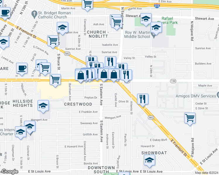 map of restaurants, bars, coffee shops, grocery stores, and more near 2124 Ballard Drive in Las Vegas