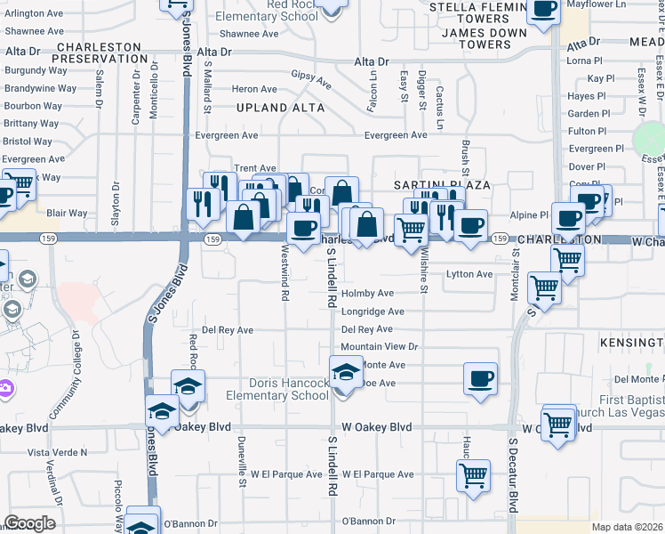 map of restaurants, bars, coffee shops, grocery stores, and more near 5436 Holmby Avenue in Las Vegas