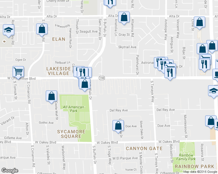map of restaurants, bars, coffee shops, grocery stores, and more near 7601 Nevada 159 in Las Vegas