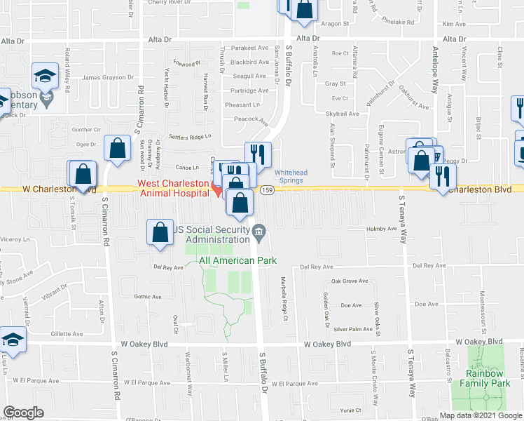 map of restaurants, bars, coffee shops, grocery stores, and more near 102 South Buffalo Drive in Las Vegas