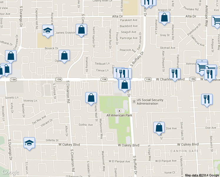 map of restaurants, bars, coffee shops, grocery stores, and more near 7881 West Charleston Boulevard in Las Vegas