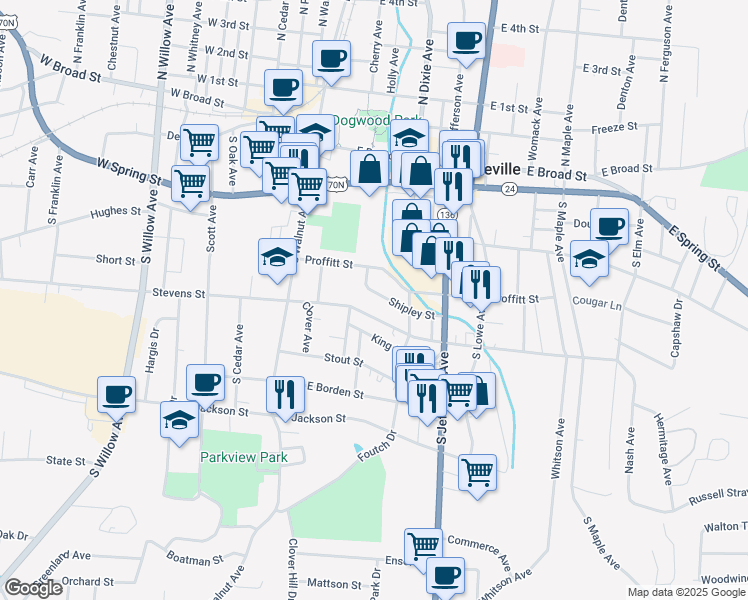 map of restaurants, bars, coffee shops, grocery stores, and more near 144 East Stevens Street in Cookeville