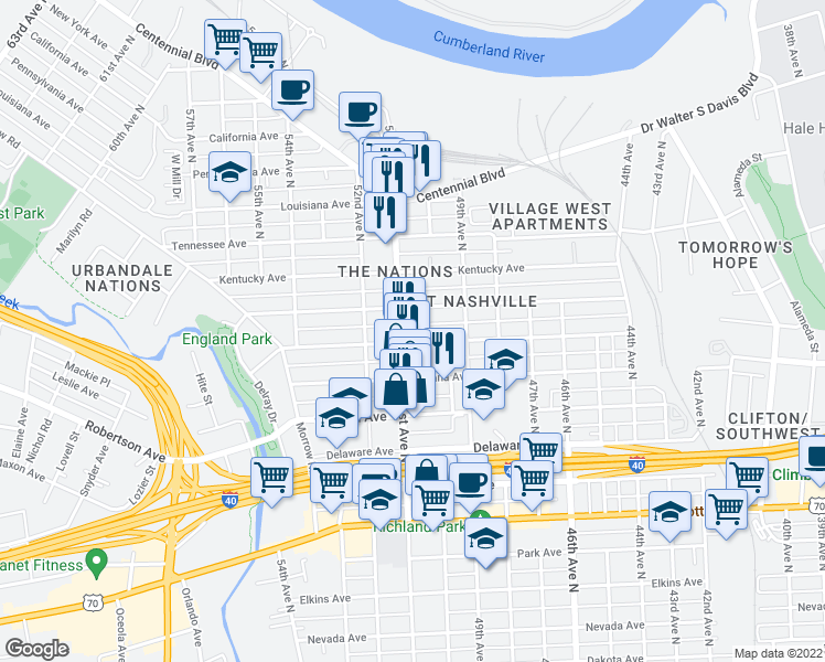 map of restaurants, bars, coffee shops, grocery stores, and more near 816 51st Avenue North in Nashville