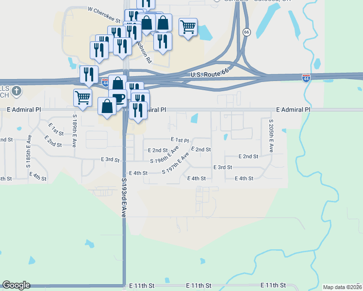map of restaurants, bars, coffee shops, grocery stores, and more near 123 South 196th East Avenue in Tulsa