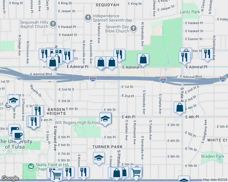 map of restaurants, bars, coffee shops, grocery stores, and more near 3917 East 2nd Place in Tulsa